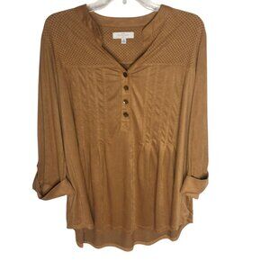 Western Boho Faux Suede Tunic Henley Top Shirt Womens 1X Brown Relaxed